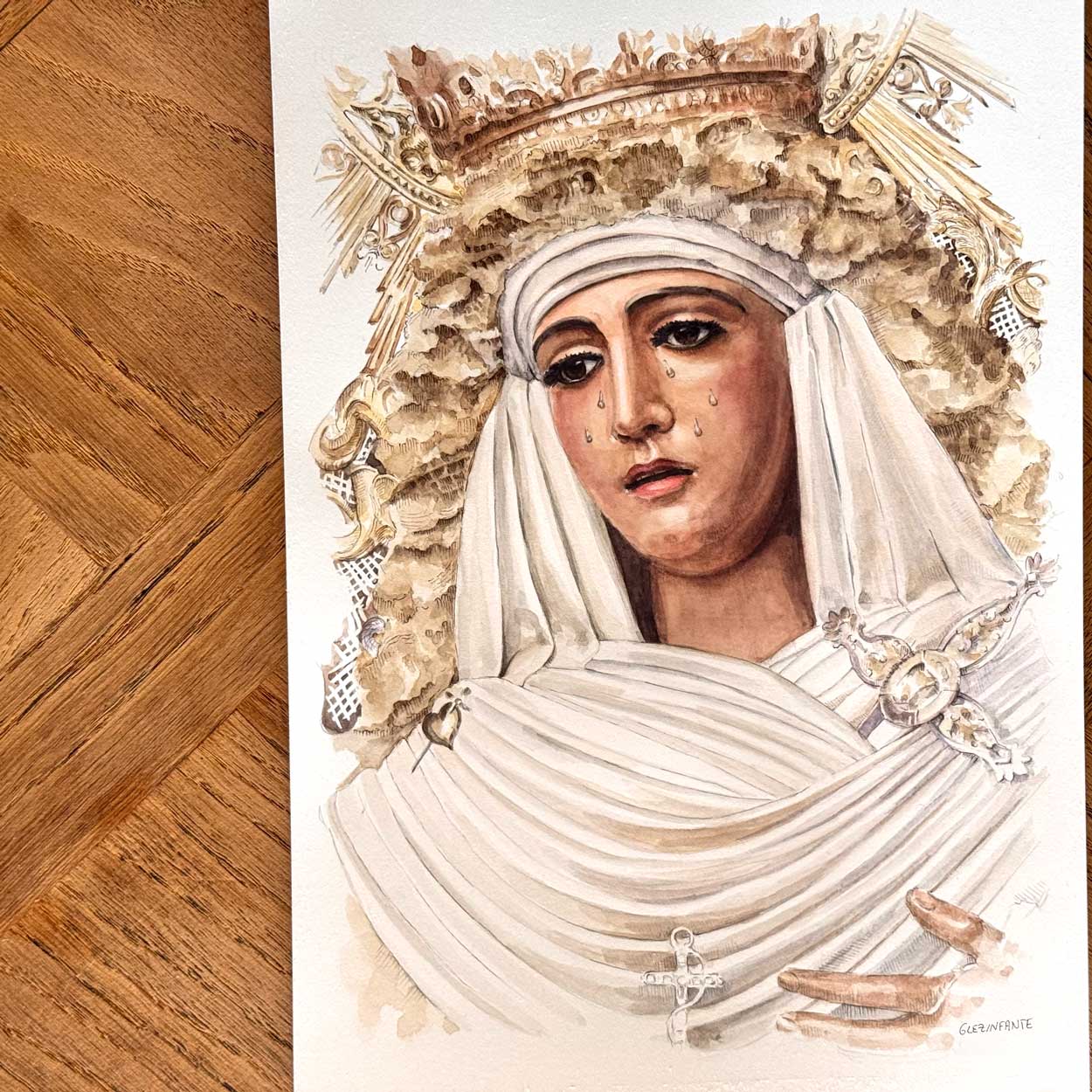 Virgen Esperanza de Triana rostro. Sevilla. ACUARELA ORIGINAL