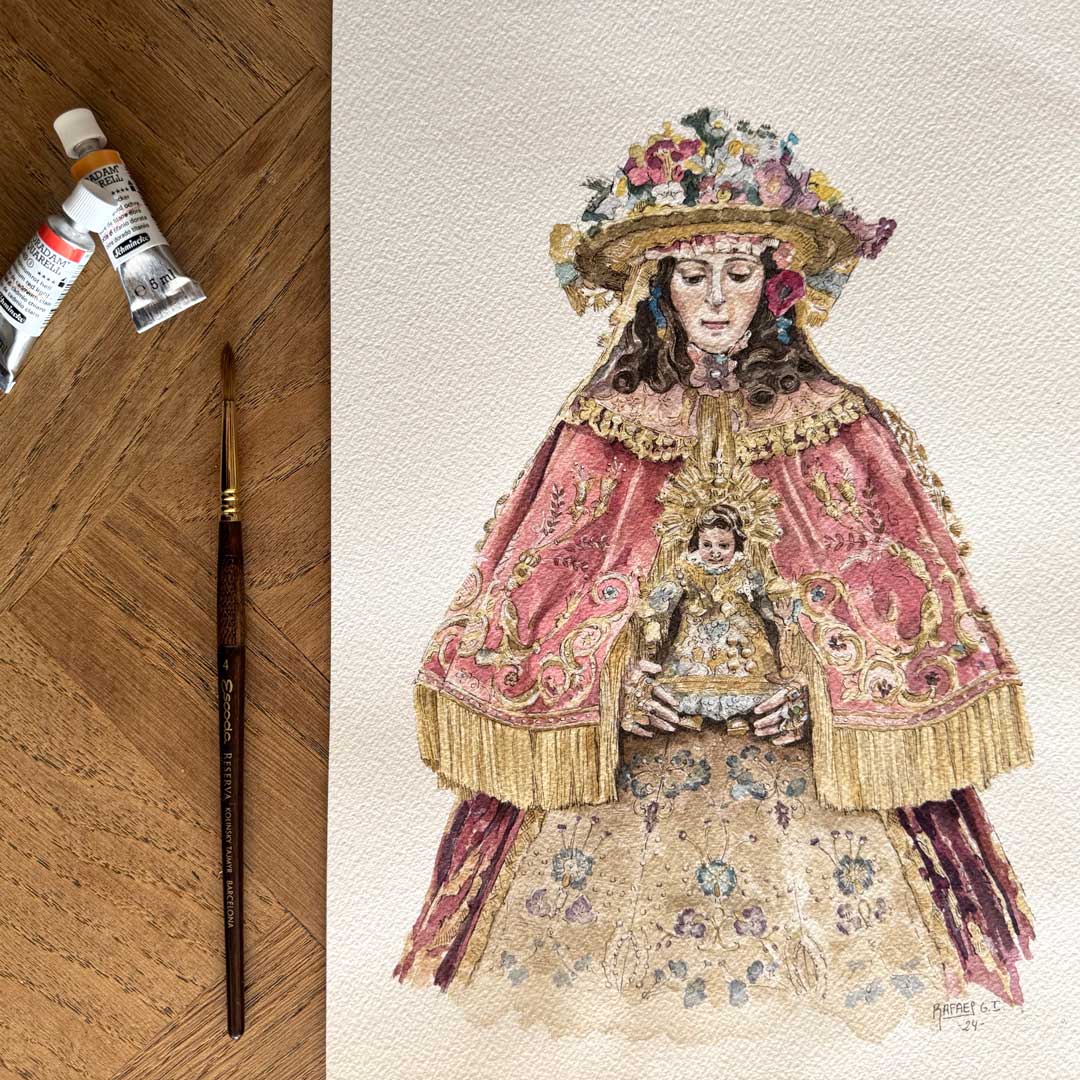 Virgen del Rocío de Pastora. ACUARELA ORIGINAL