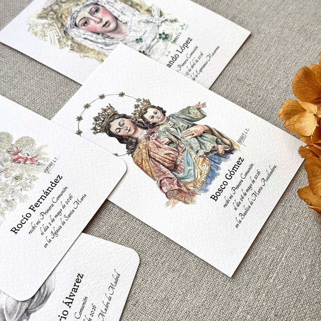 Tarjeta artística de comunión con ilustración en acuarela de Macarena, Mª Auxiliadora, Virgen del Rocío, Madre de Hakuna...