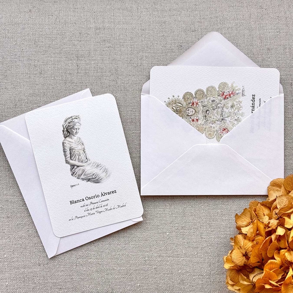 Tarjeta artística de comunión con ilustración en acuarela de Macarena, Mª Auxiliadora, Virgen del Rocío, Madre de Hakuna...con sobre